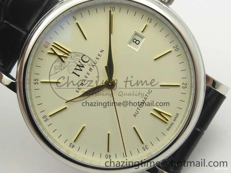 MIROTIME 0523 Affordable Portofino IW356501 SS V3 MK 1:1 Best Edition White Dial Gold Markers On Black Leather Strap MIYOTA 7196